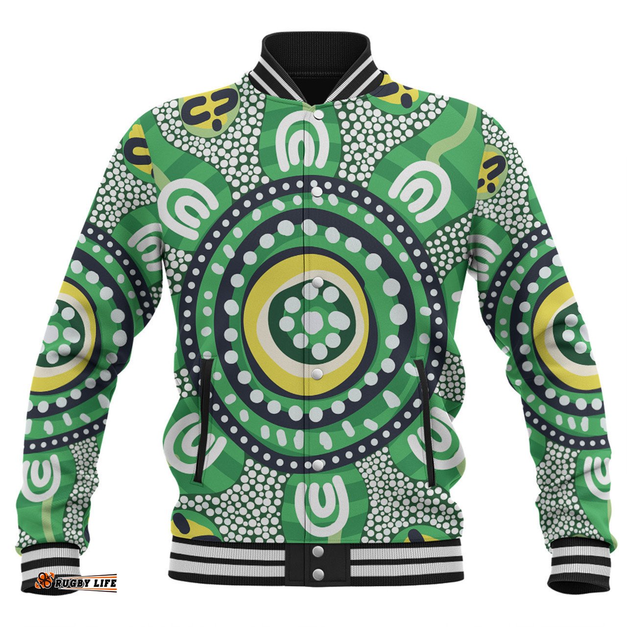 Australia Dot Painting Inspired Aboriginal Baseball Jacket - Green Aboriginal Inspired Dot Art Baseball Jacket