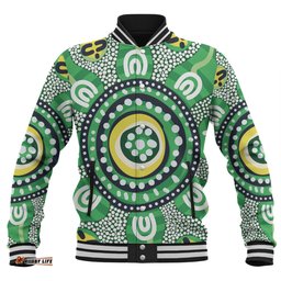 Australia Dot Painting Inspired Aboriginal Baseball Jacket - Green Aboriginal Inspired Dot Art Baseball Jacket