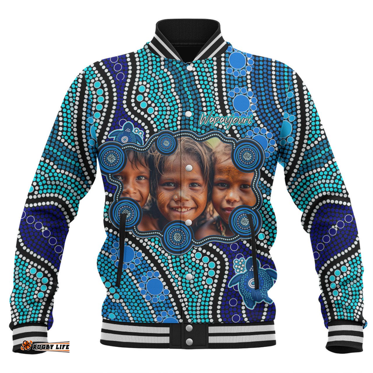 Australia Personalised Aboriginal Custom Baseball Jacket - River And Turtles Dot Art Painting Blue Baseball Jacket