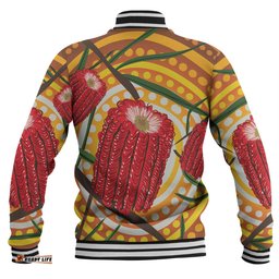 Australia Flowers Aboriginal Baseball Jacket - Aboriginal Dot Painting With Red Banksia Flower Baseball Jacket