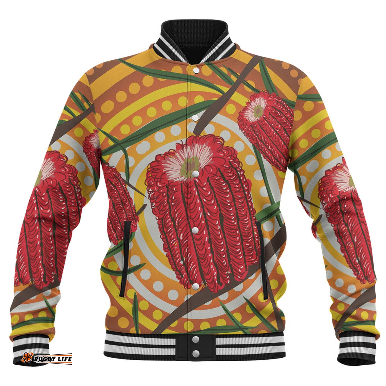 Australia Flowers Aboriginal Baseball Jacket - Aboriginal Dot Painting With Red Banksia Flower Baseball Jacket