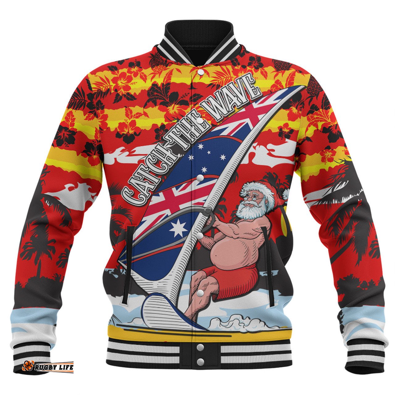 Australia Surfing Christmas Baseball Jacket - Tropical Santa Catch The Wave Baseball Jacket