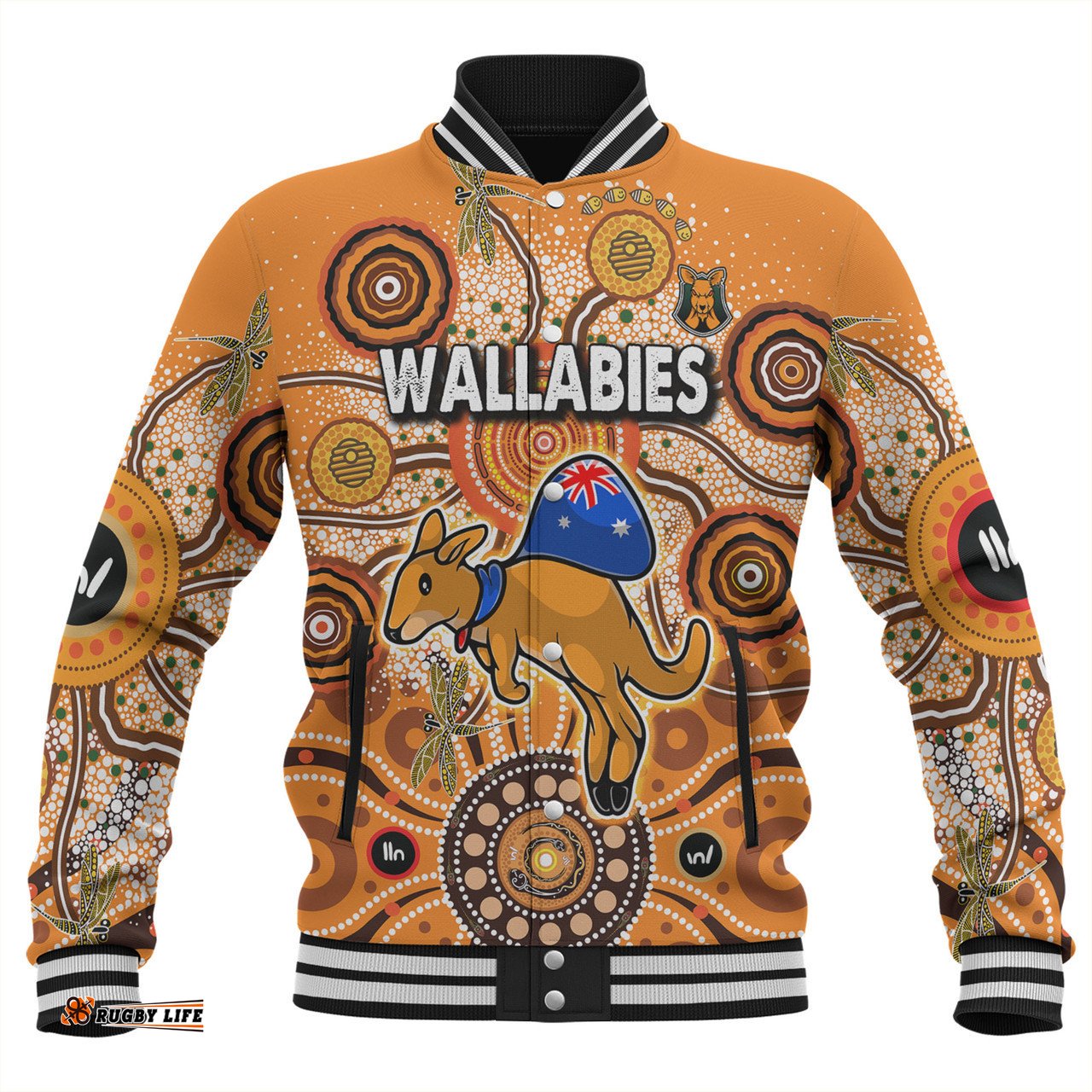 Australia Aboriginal Custom Baseball Jacket - Dragonfly Flies Into Beehive And Snake Circle Baseball Jacket