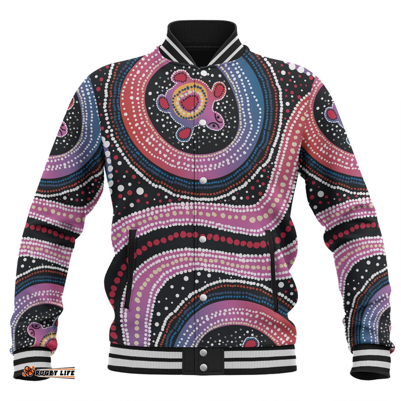 Australia Dot Painting Inspired Aboriginal Baseball Jacket - Turtles With Dot In Aboriginal Baseball Jacket