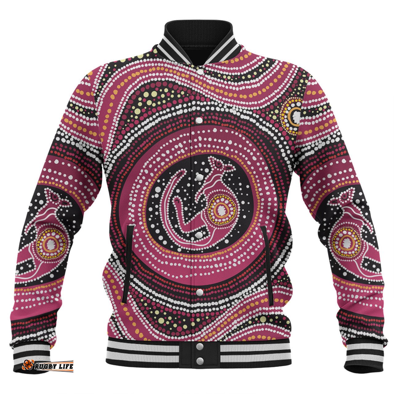 Australia Aboriginal Baseball Jacket - Aboriginal Background Featuring Kangaroo Dot Design Baseball Jacket