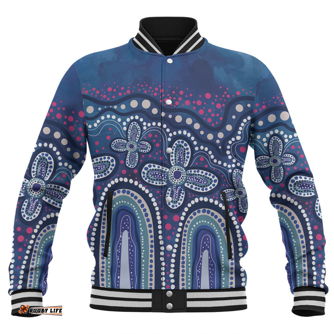Australia Aboriginal Baseball Jacket - Dot painting illustration in Aboriginal style Blue Baseball Jacket