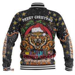 Wests Tigers Christmas Custom Baseball Jacket - Merry Christmas Our Beloved Team With Aboriginal Dot Art Pattern Baseball Jacket