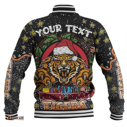 Wests Tigers Christmas Custom Baseball Jacket - Merry Christmas Our Beloved Team With Aboriginal Dot Art Pattern Baseball Jacket