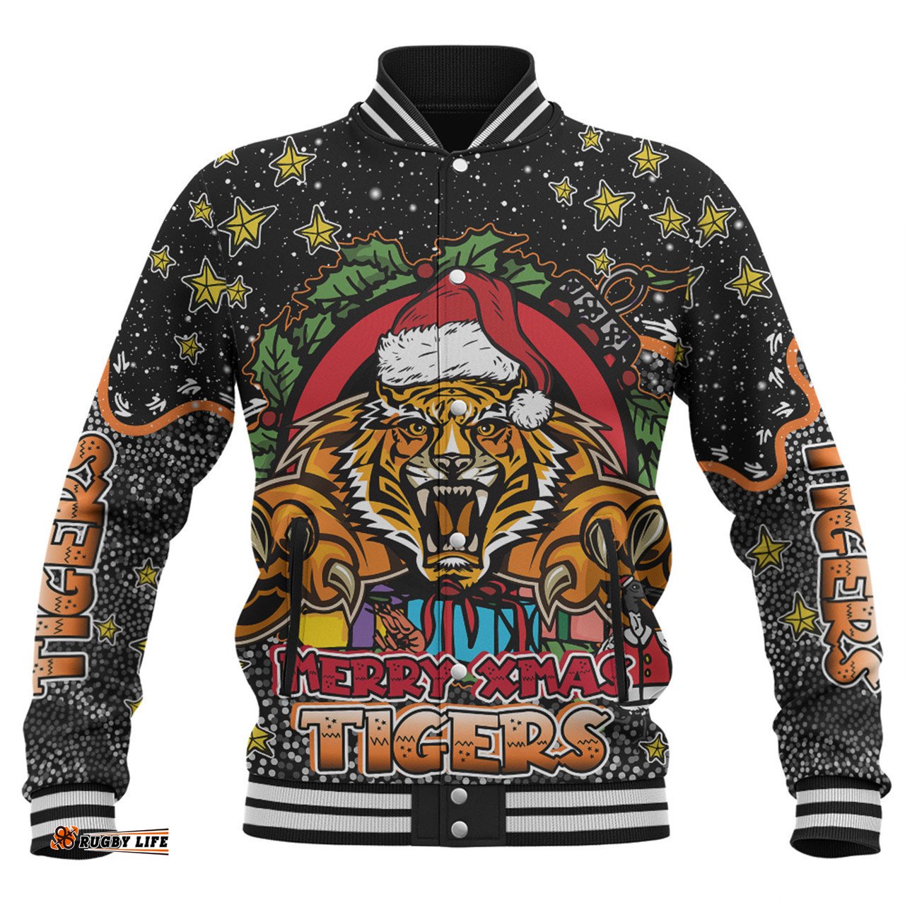 Wests Tigers Christmas Custom Baseball Jacket - Merry Christmas Our Beloved Team With Aboriginal Dot Art Pattern Baseball Jacket
