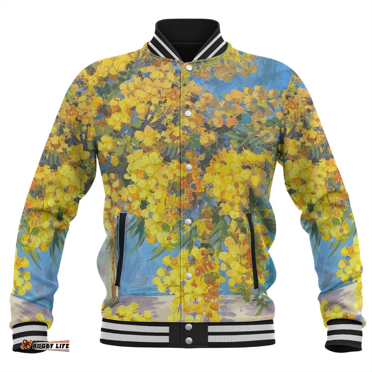 Australia Golden Wattle Baseball Jacket - Golden Wattle Bouquet Blue Background Oil Painting Art Baseball Jacket