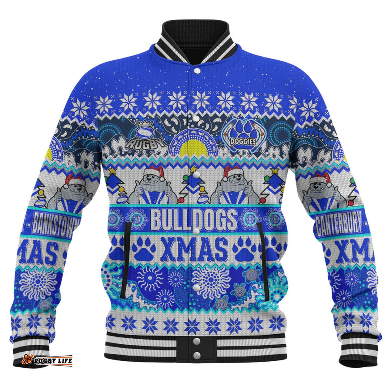 Canterbury-Bankstown Bulldogs Christmas Aboriginal Custom Baseball Jacket - Indigenous Knitted Ugly Xmas Style Baseball Jacket