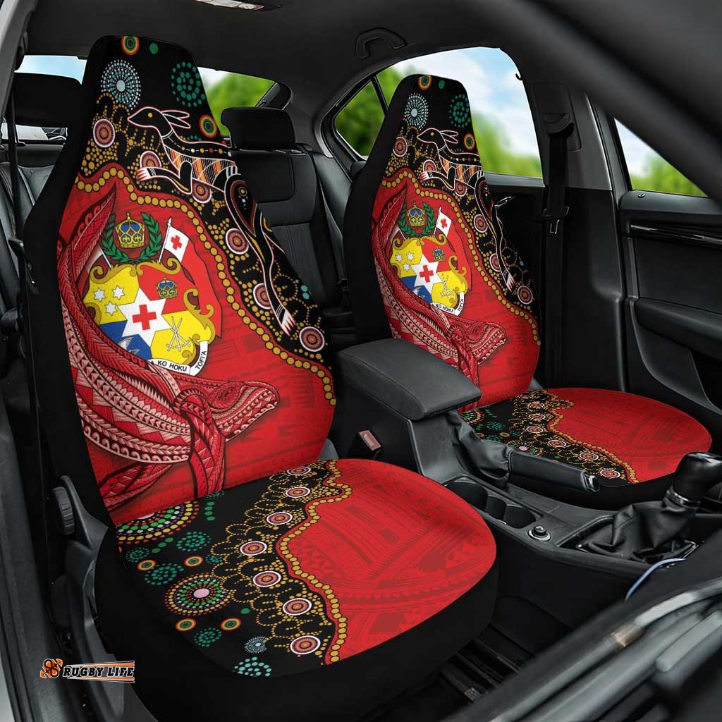 Tonga Ngatu and Australia Together Car Seat Cover Polynesian Humpback Whale and Aboriginal Kangaroo