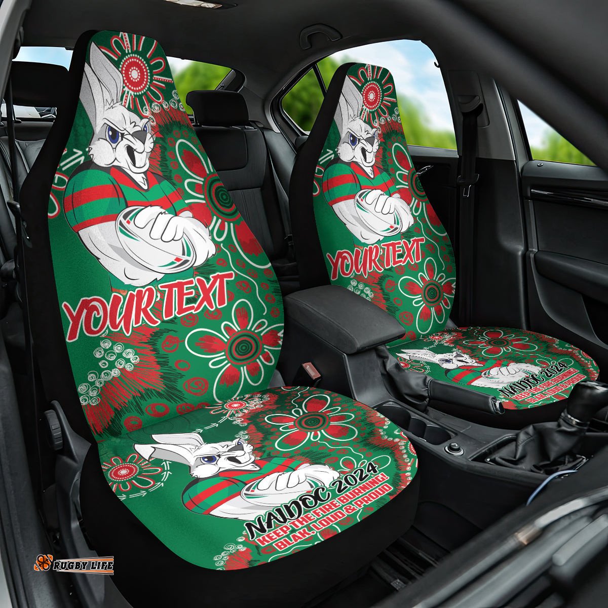 Personalised Rabbitohs NAIDOC Week 2024 Car Seat Cover Aboriginal Fire Burning Sparks