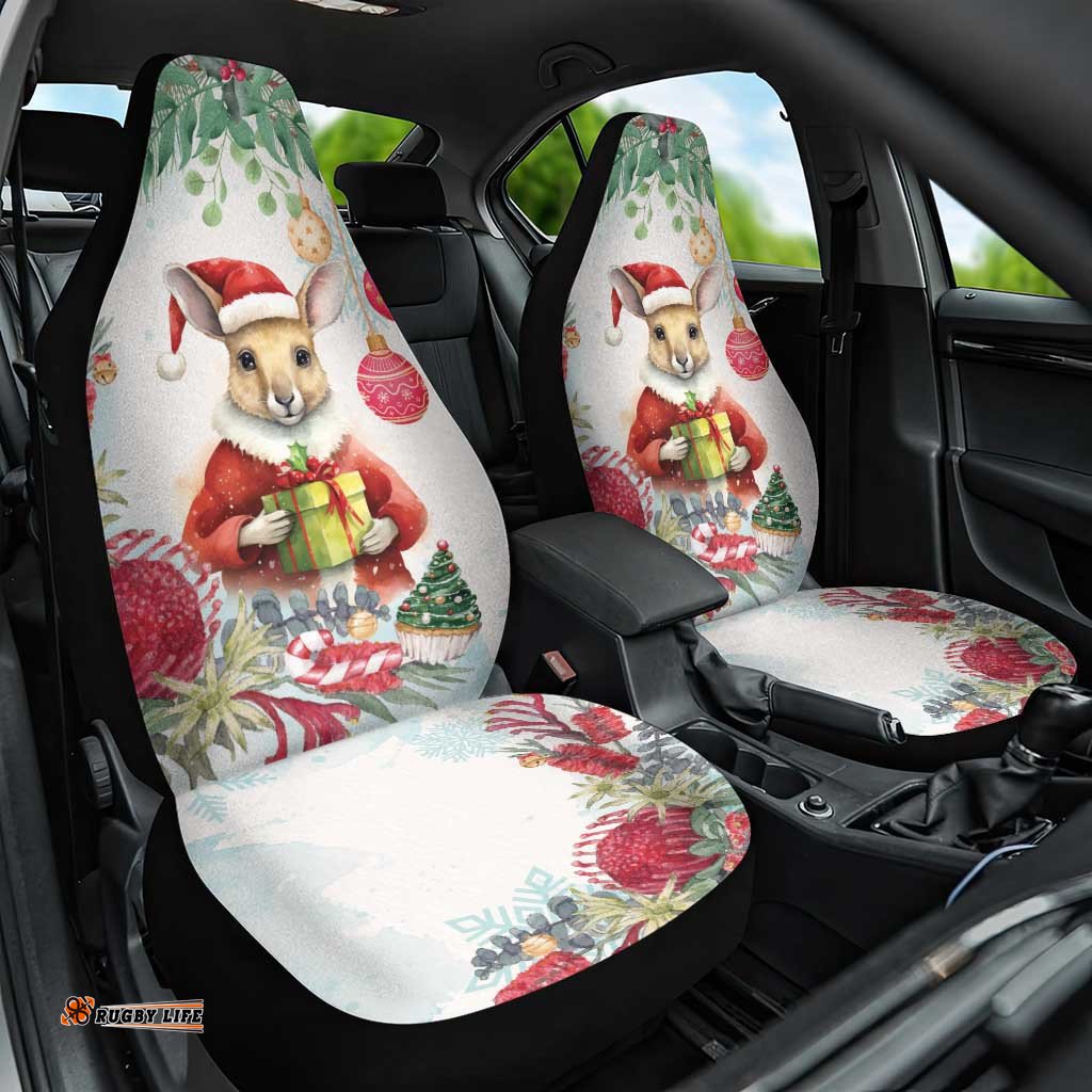 Australia Christmas Car Seat Cover Kangaroo Santa With Aussie Flower Watercolor
