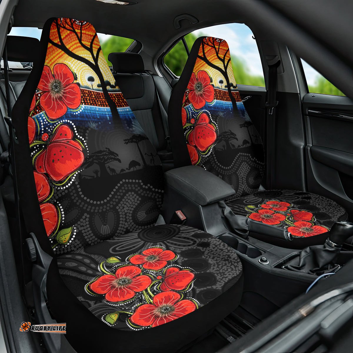 ANZAC Day Australia Poppy Flower Car Seat Cover Aboriginal Style
