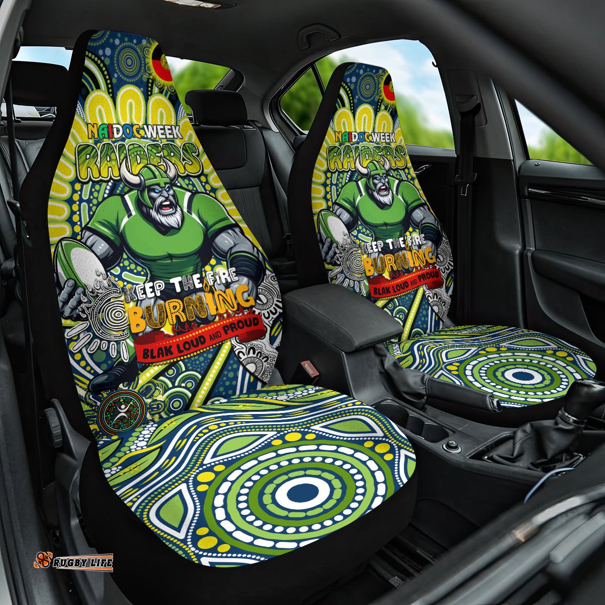 Custom NAIDOC Week 2024 Raiders Car Seat Cover Mascot Rugby