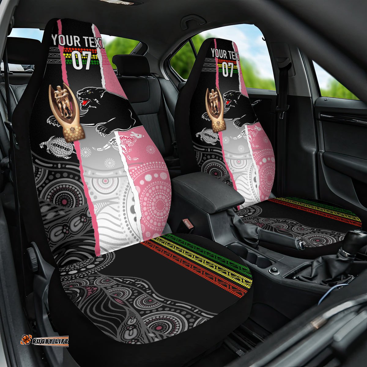 Personalised Panther Rugby NRL Premiers Car Seat Cover Panther Pride Black & Pink Aboriginal Mix Art