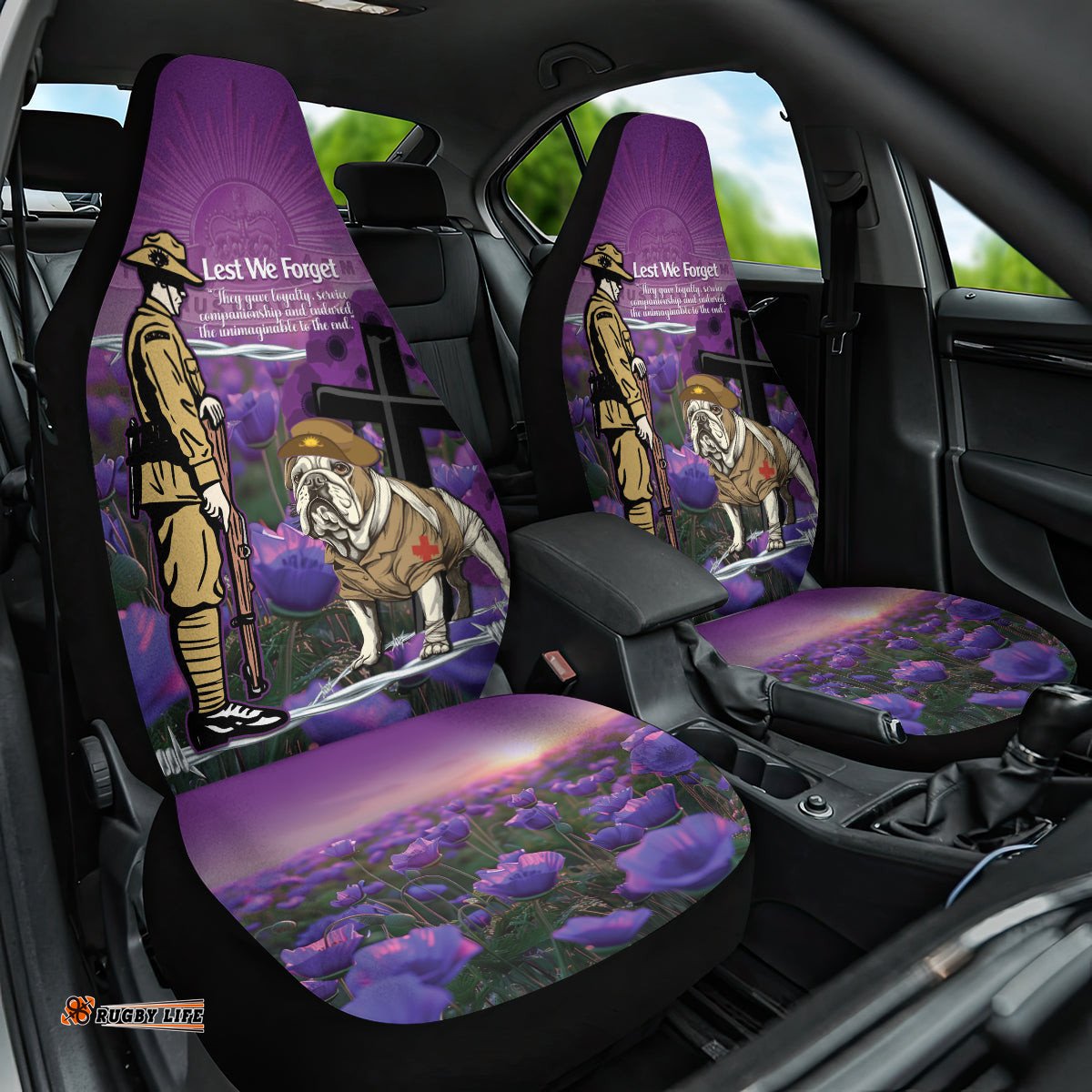 Australia Dog Heroes ANZAC Car Seat Cover Remembering All Animals In War Purple Poppies
