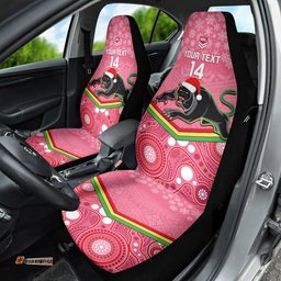Custom Panthers Rugby Christmas Car Seat Cover Merry Xmas Mix Aboriginal Art Pink Version