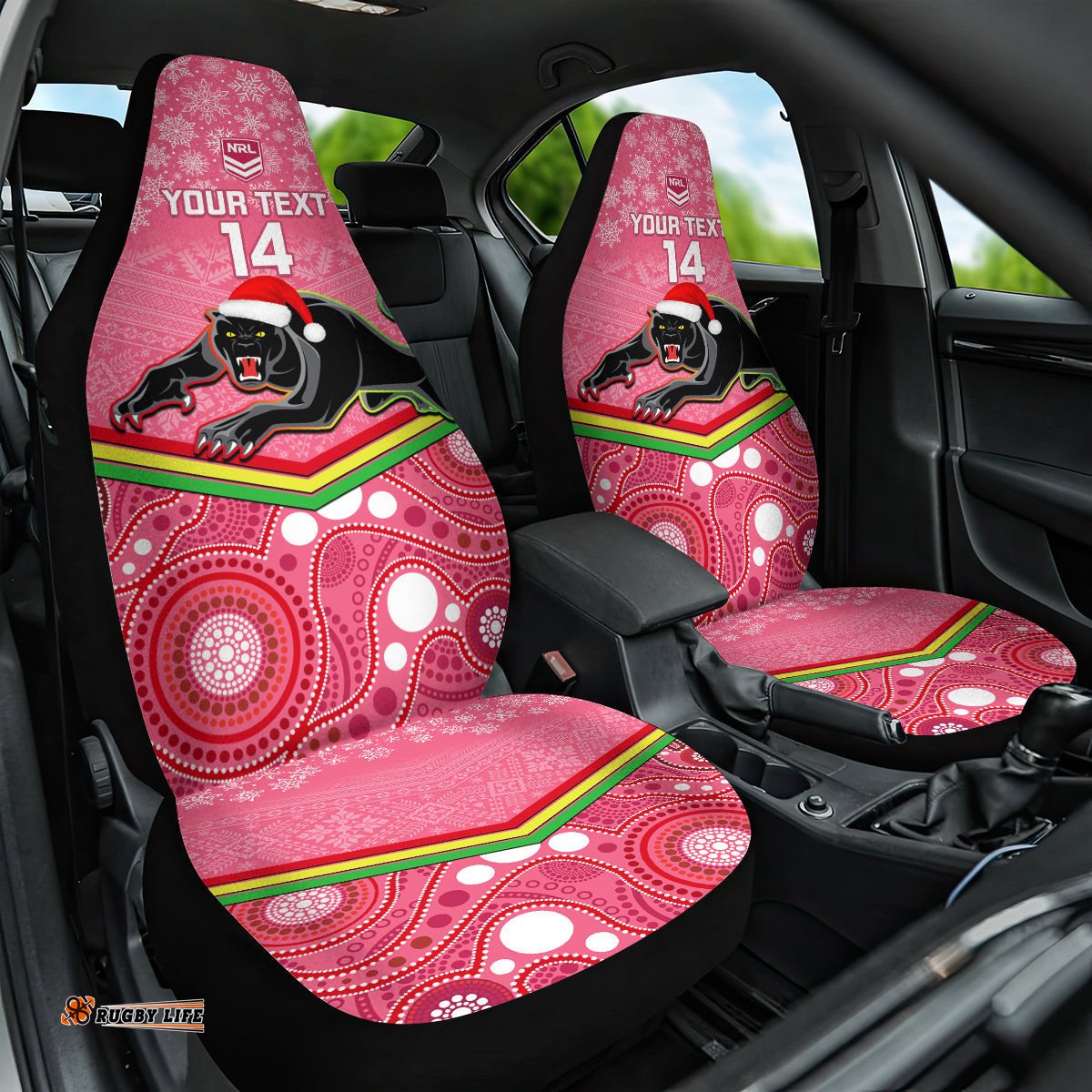 Custom Panthers Rugby Christmas Car Seat Cover Merry Xmas Mix Aboriginal Art Pink Version