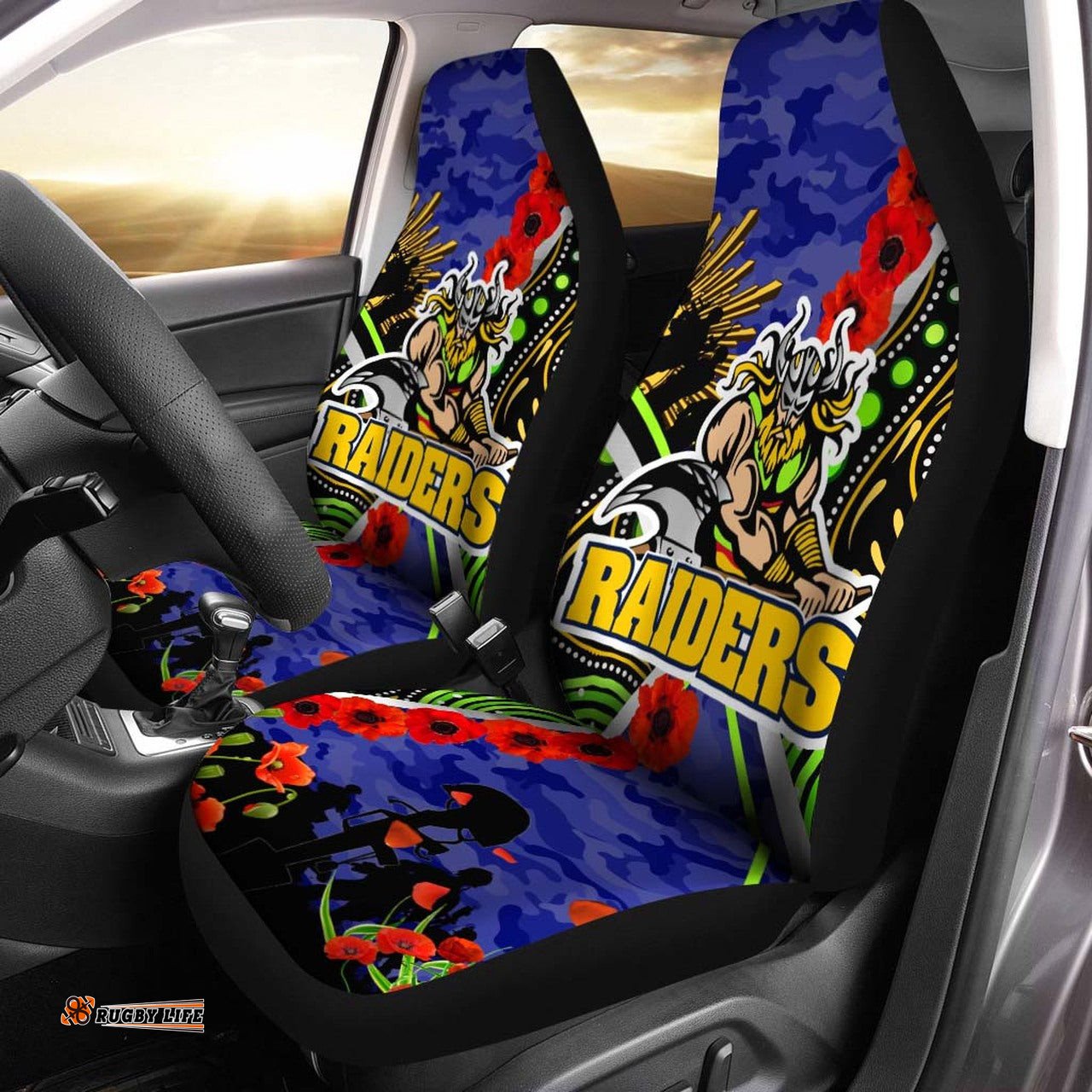 Raiders Rugby Anzac Aboriginal Car Seat Cover - Canberra Raiders with Anzac Day Poppy Flower Car Seat Cover