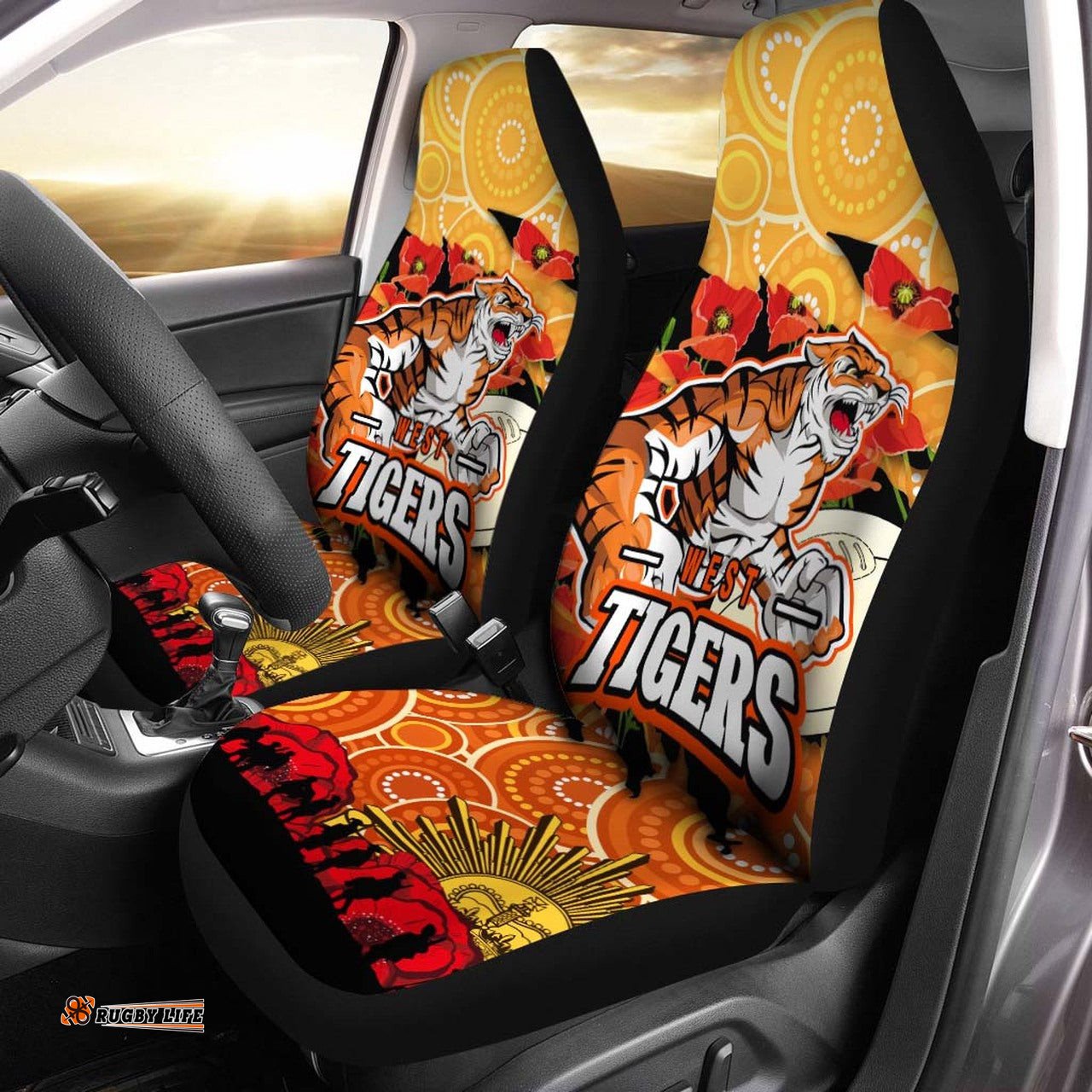 Tigers Rugby ANZAC Aboriginal Car Seat Cover Tigers Rugby with Remembrance Day Poppy Flower Car Seat Cover