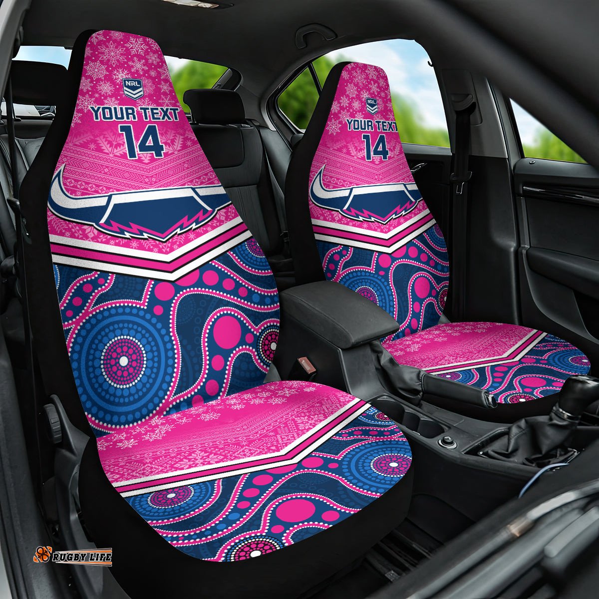 Custom Cowboys Rugby Christmas Car Seat Cover Merry Xmas Mix Aboriginal Art Pink Version
