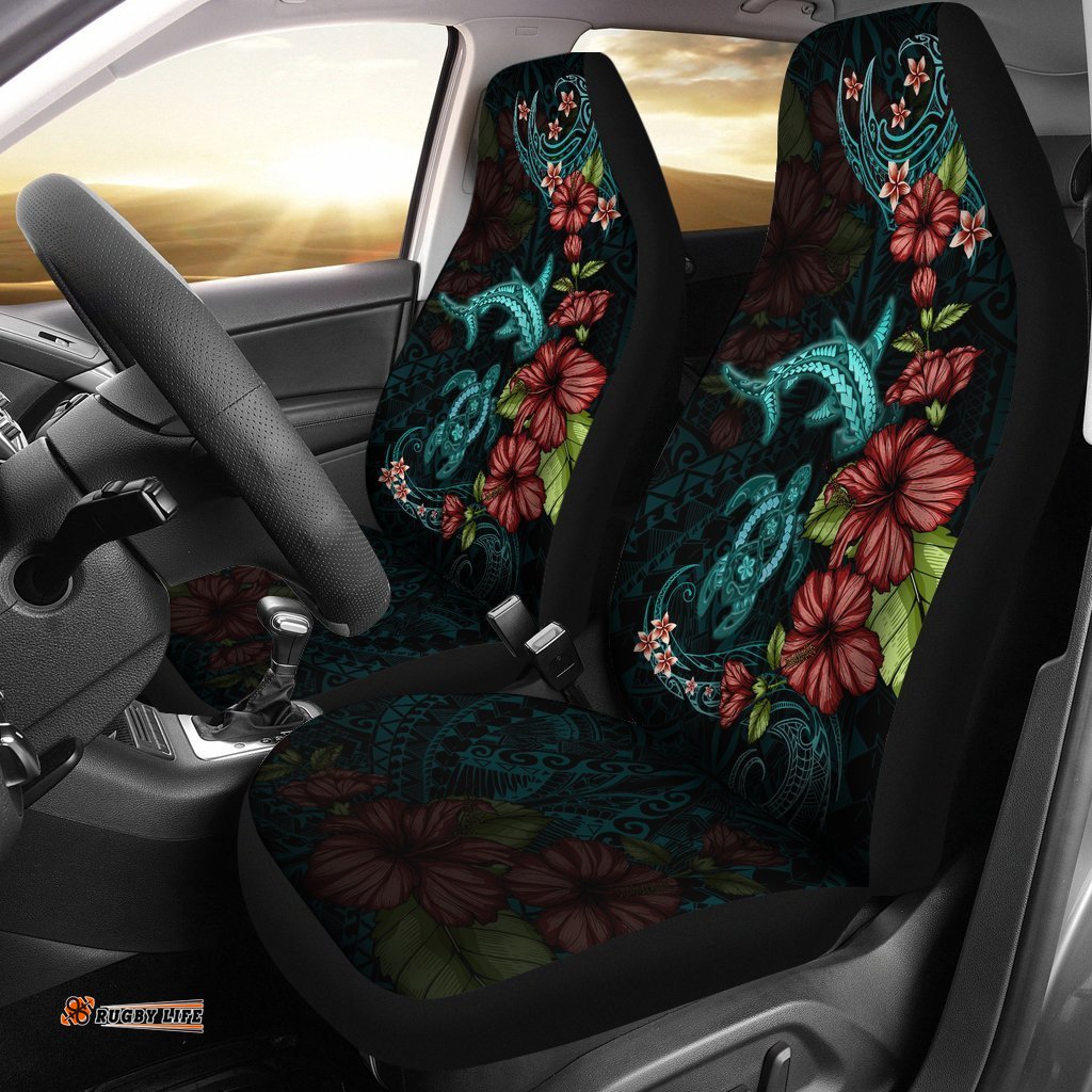 Polynesian Car Seat Covers Turtle And Shark Hibiscus Turquoise