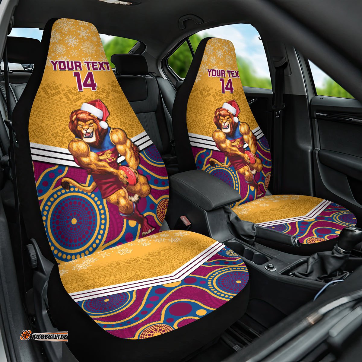 Custom Brisbane Lions Football Christmas Car Seat Cover Merry Xmas Mix Aboriginal Art