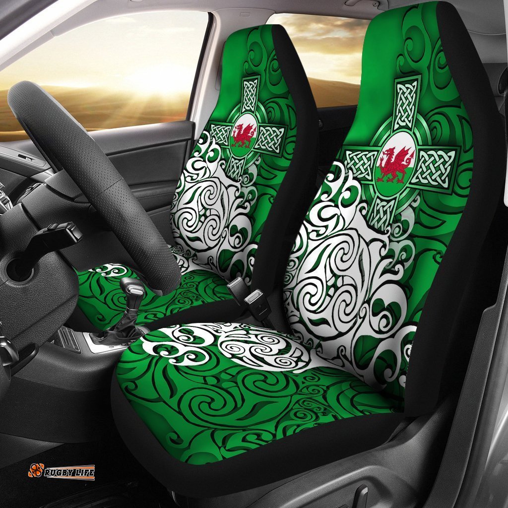 Wales Celtic Car Seat Covers Welsh Dragon Flag with Celtic Cross Green