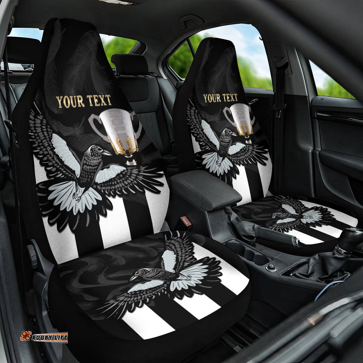 Personalised AFL Collingwood Car Seat Cover Magpies Premiers With Trophy Proud