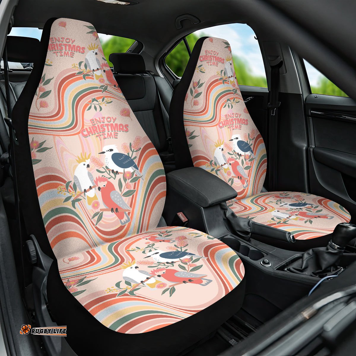 Australia Hippie Christmas Car Seat Cover Cockatoo Kookaburra with Wattle Pink Peach Style