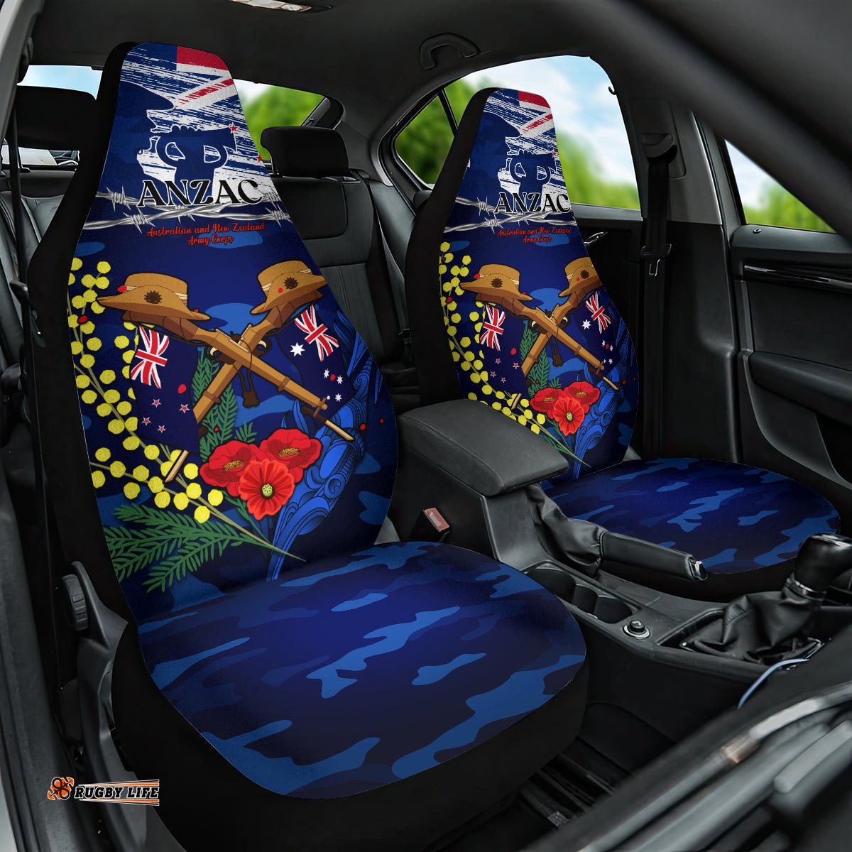 Australia And New Zealand ANZAC Day Car Seat Cover Lest We Forget Silver Fern With Golden Wattle