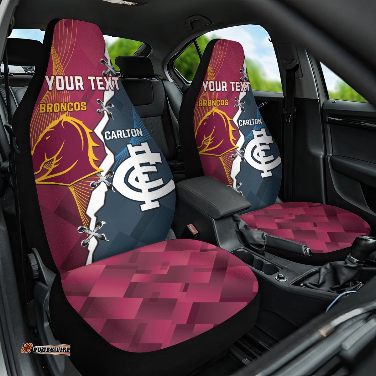 Personalised Broncos Rugby And Carlton Football Car Seat Cover Sporty Version
