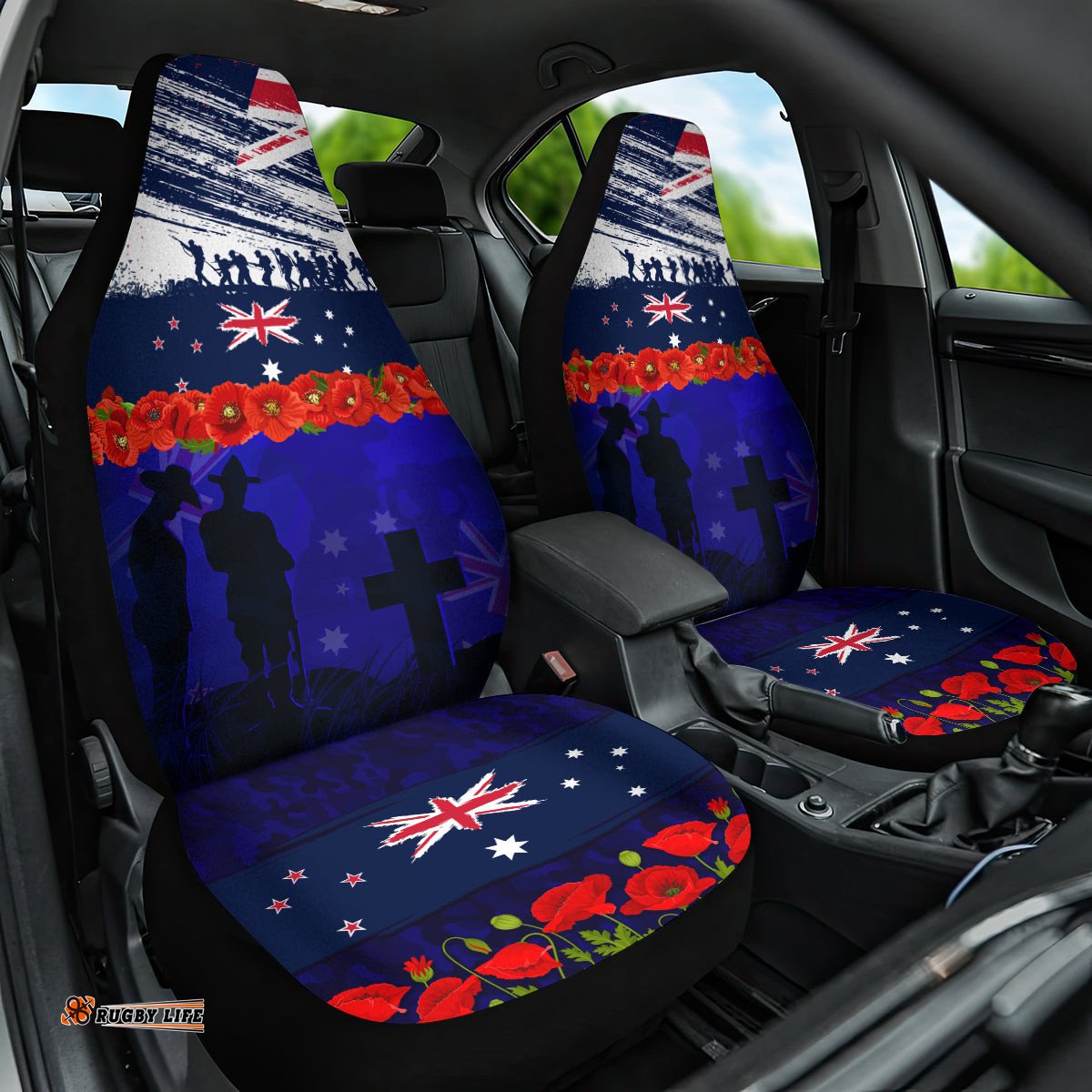 New Zealand and Australia ANZAC Day Car Seat Cover Lest We Forget Red Poppy Flowers and Soldier
