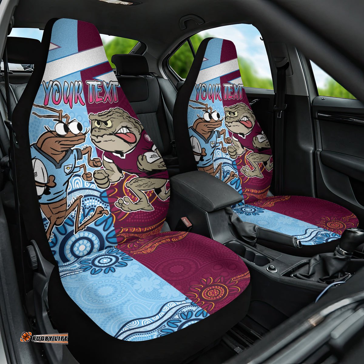 Custom QLD Cane Toad and NSW Cockroach Car Seat Cover Aboriginal Inspired Together