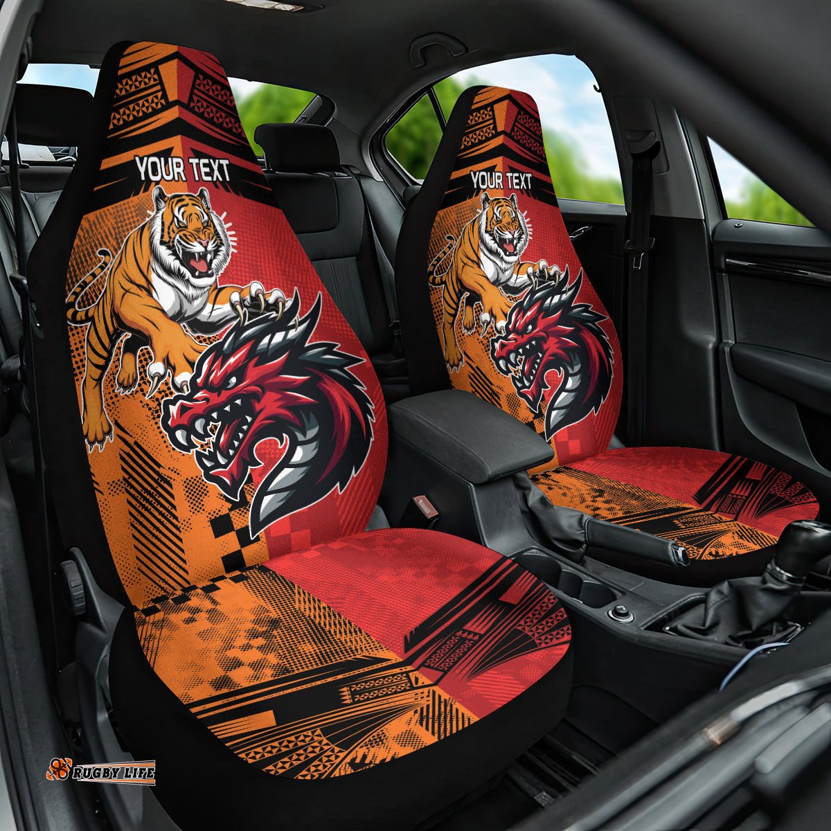 Custom Dragons and Tigers Car Seat Cover Rugby Mascot With Sporty Style