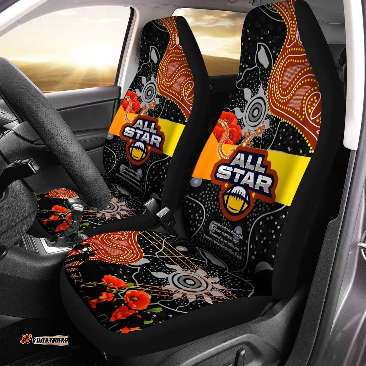 All Stars Rugby ANZAC Aboriginal Car Seat Cover All Stars with ANZAC Day with Poppy Flower Car Seat Cover
