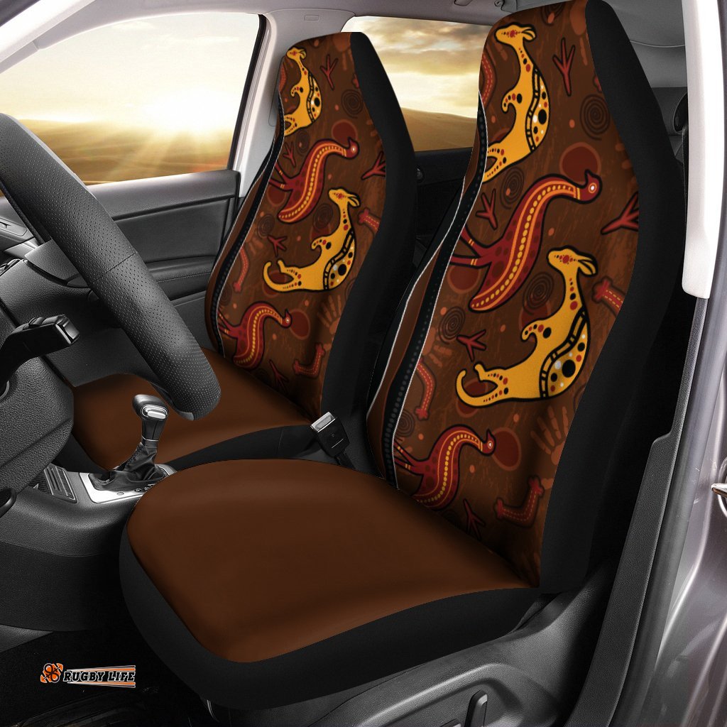 Aboriginal Car Seat Covers Indigenous Kangaroo and Emu Brown Color
