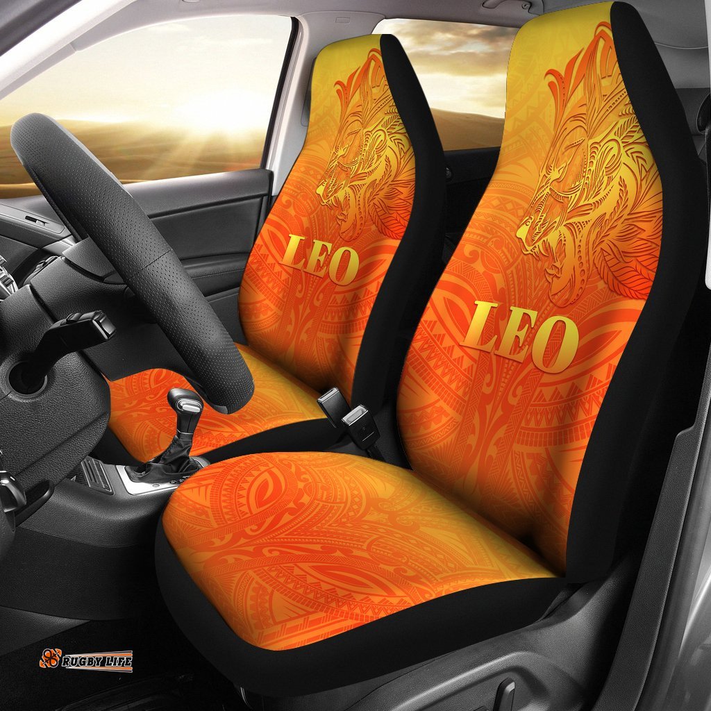 Sun In Leo Zodiac Car Seat Covers Polynesian Tattoo Simple Orange
