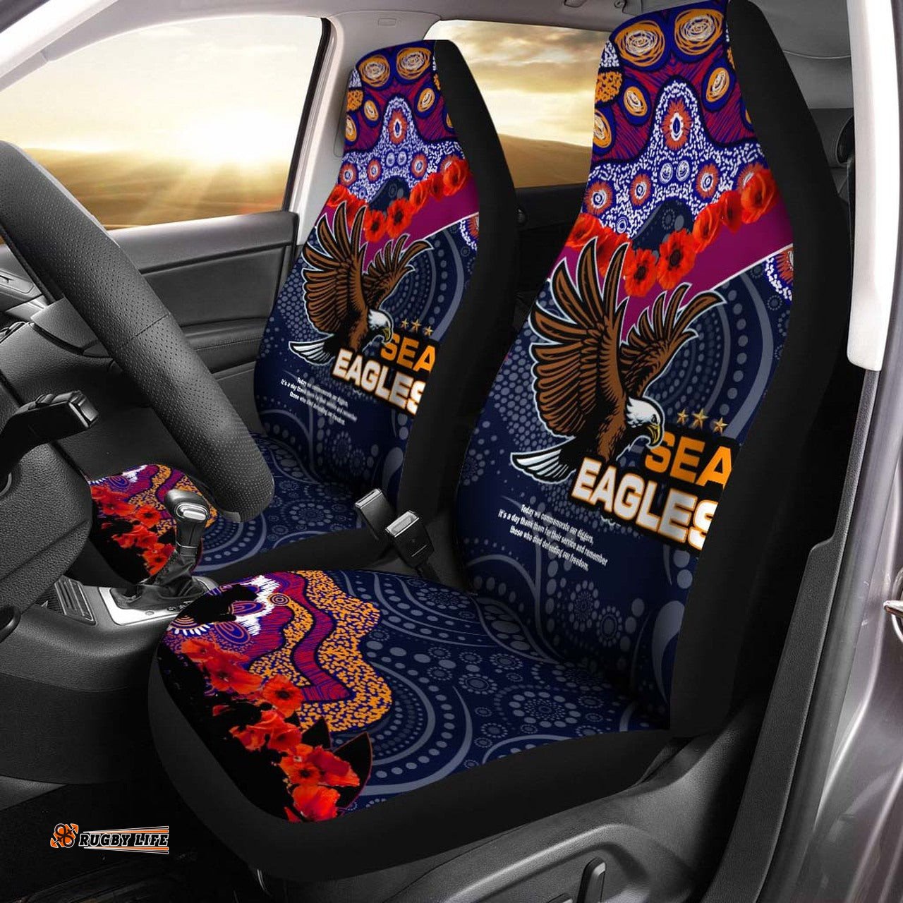 Sea Eagles Rugby Anzac Aboriginal Car Seat Cover - Manly Warringah Sea Eagles with Anzac Day Poppy Flower Car Seat Cover