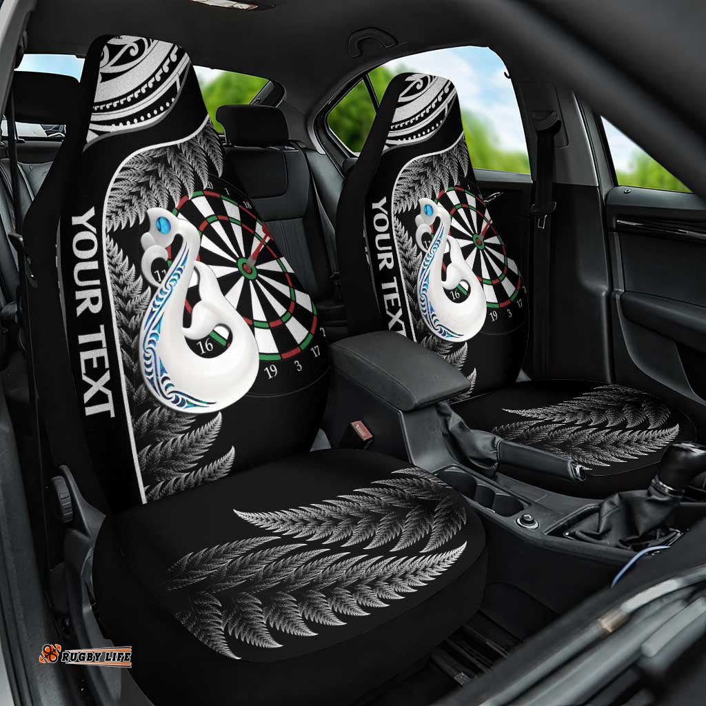 Personalised New Zealand Darts Car Seat Cover Aotearoa Fern Mix Paua Shell Manaia Black