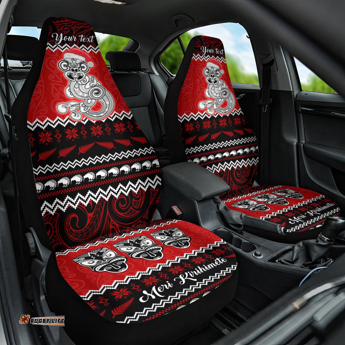 Personalised New Zealand Christmas Car Seat Cover Maori Tiki Meri Kirihimete