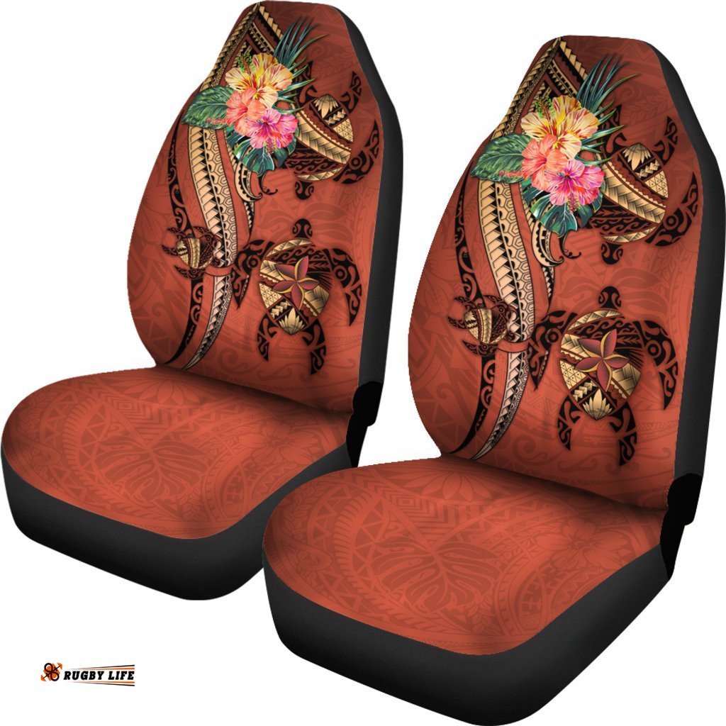 Polynesian Turtle Car Seat Covers Tribal Tattoo with Hibiscus Coral