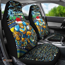 Merry Christmas Gold Coast Titans Car Seat Cover Aboriginal Santa Rugby Mascot Light Blue