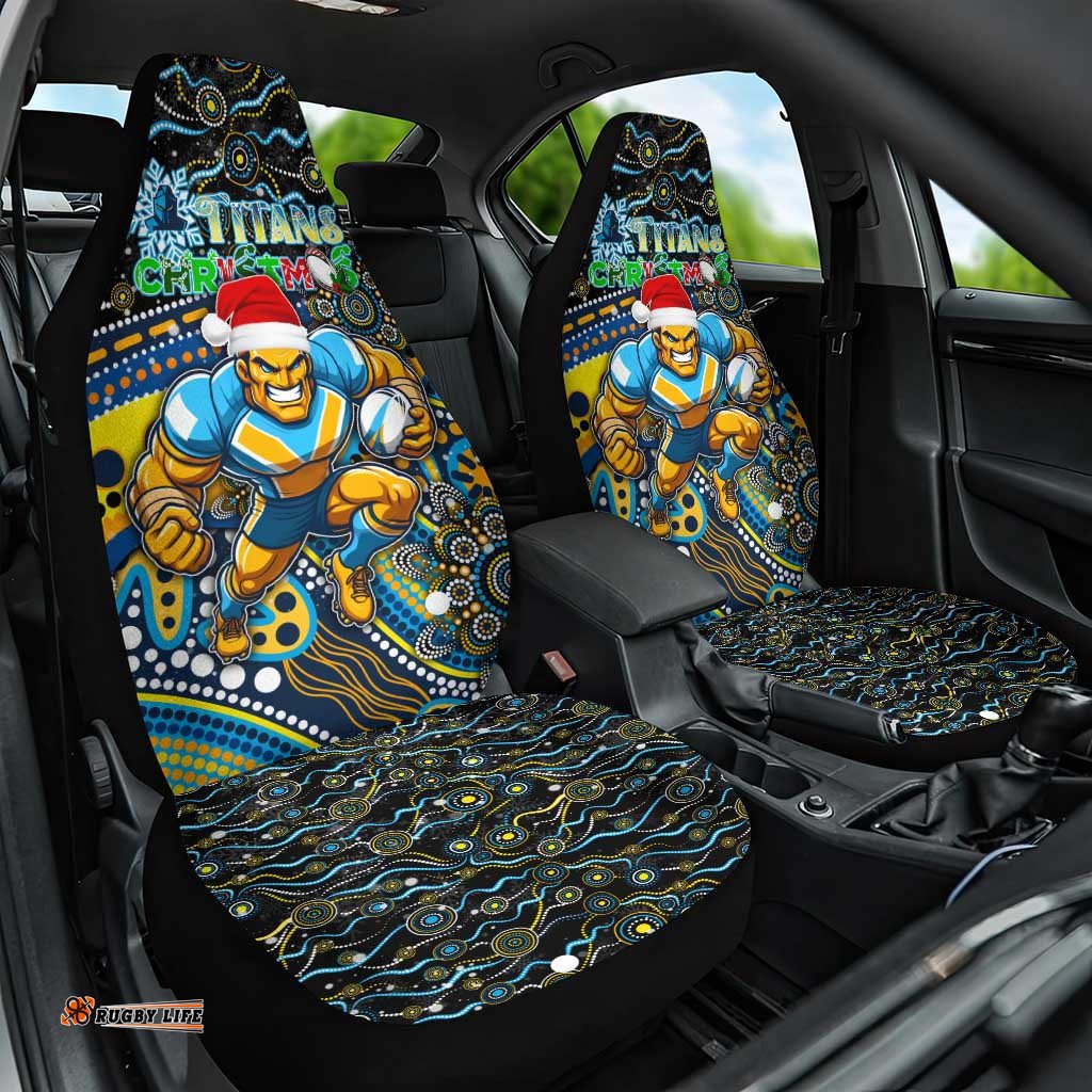 Merry Christmas Gold Coast Titans Car Seat Cover Aboriginal Santa Rugby Mascot Light Blue
