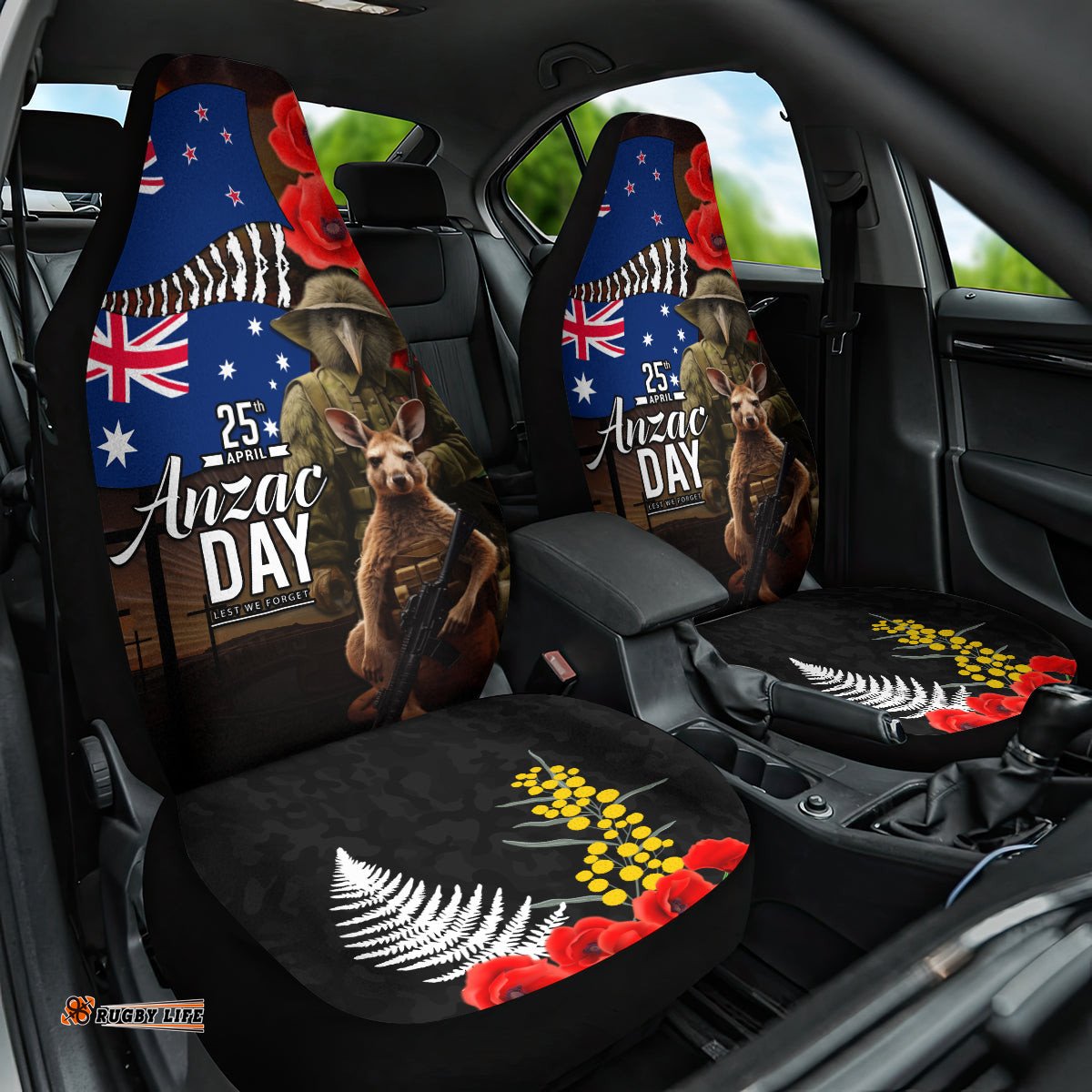 New Zealand and Australia ANZAC Day Car Seat Cover National Flag mix Kiwi Bird and Kangaroo Soldier Style