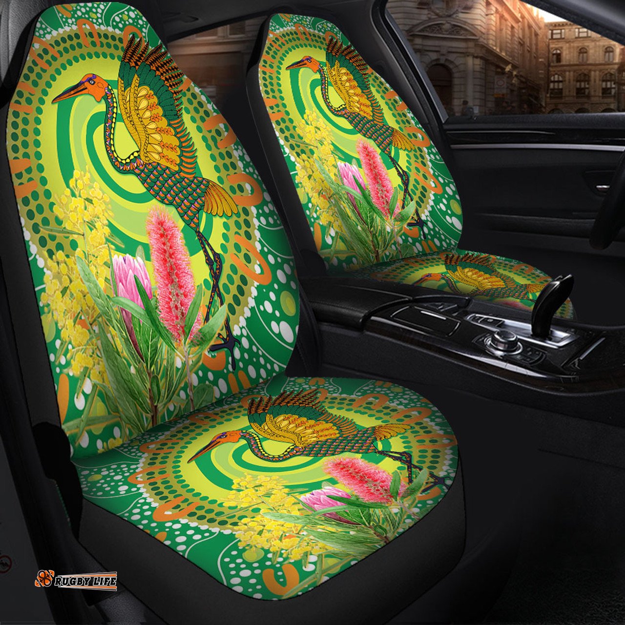 Australia Aboriginal Brolga Bird Dancing With Australia Native Flowers V2 Car Seat Covers