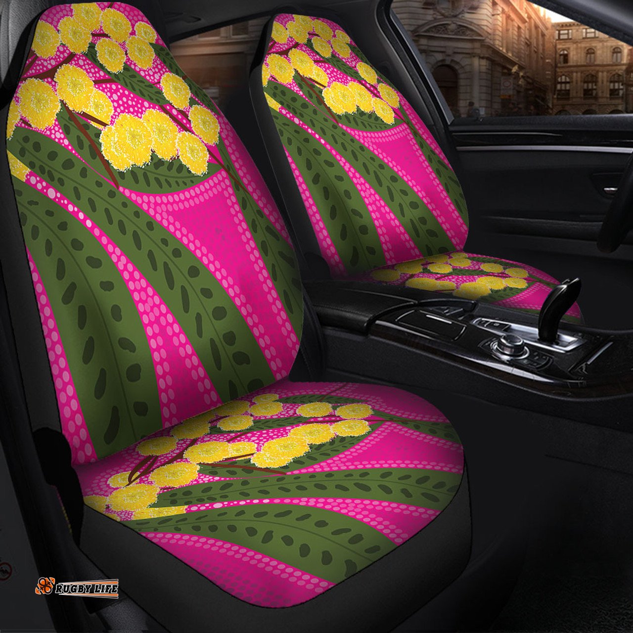 Australia Flowers Aboriginal Australian Yellow Wattle Flowers Painting In Aboriginal Dot Art Style Car Seat Covers