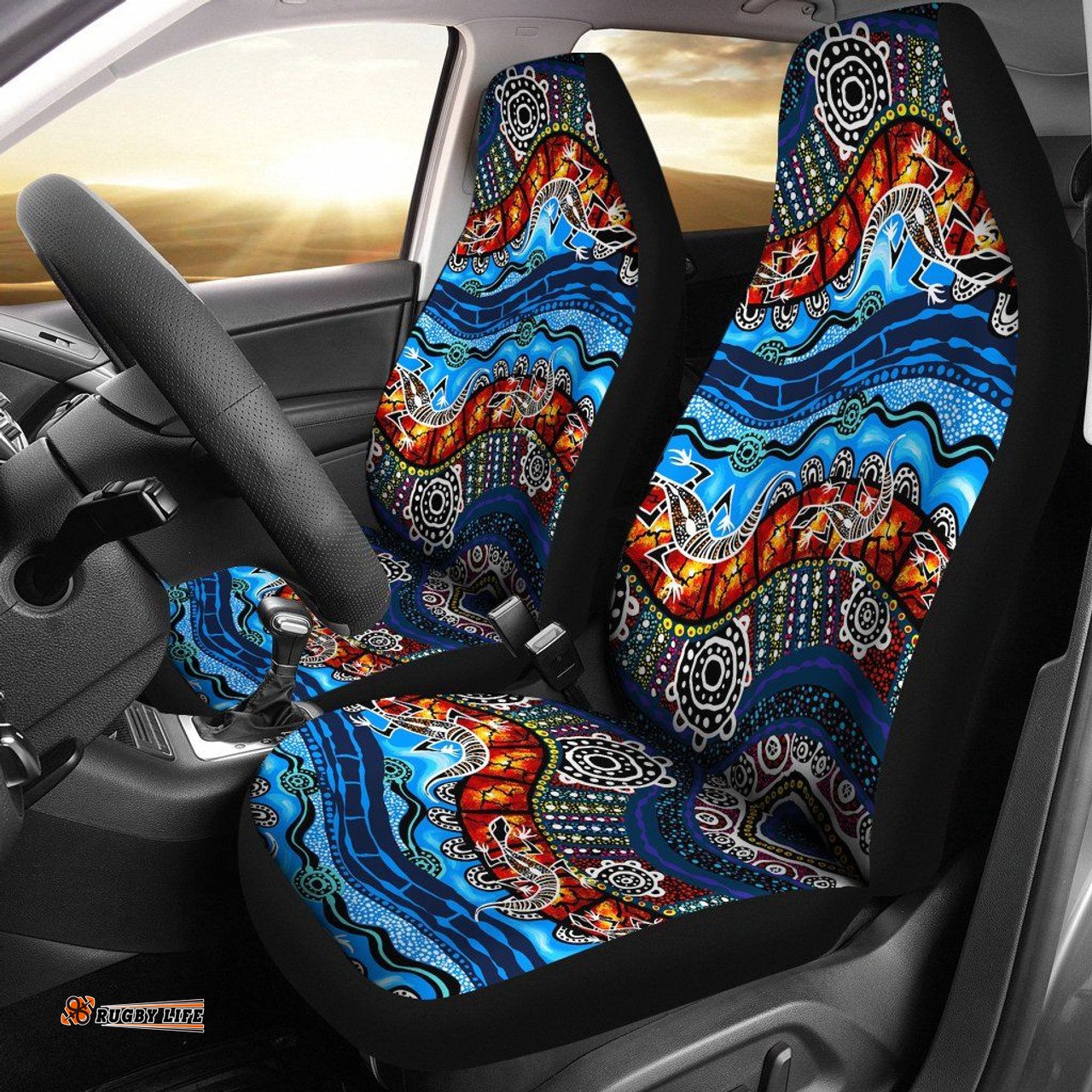 Australia Aboriginal Inspired Lizard Dot Painting Blue Wave Car Seat Covers